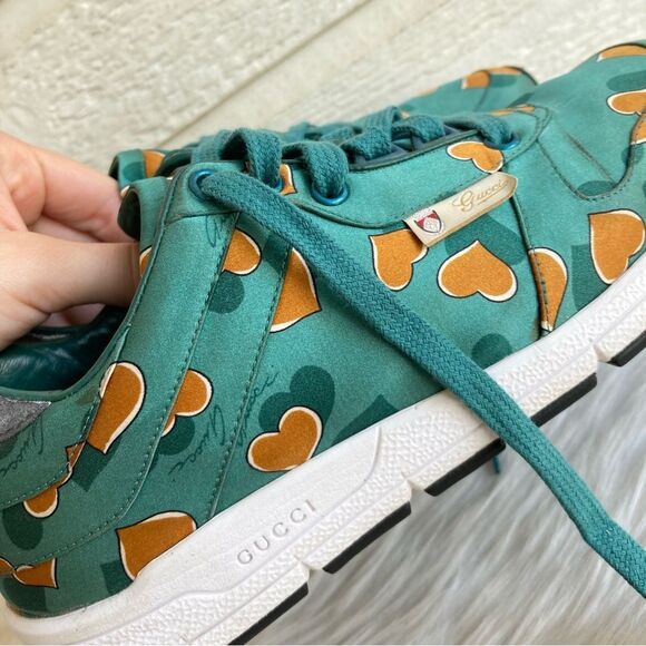 GUCCI. TEAL green Heart Satin Silk Monogram Sneakers Ace Princetown oxfords 36.5 - Picture 13 of 13